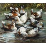 Christian Jereczek, Enten im Wasser acht Enten, am Ufer eines Sees schwimmend, gering pastose,