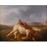 Jean Gheers, Ein totes Pferd dramatisch bewölkte Sommerlandschaft mit zwei Hunden und verendetem