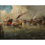 Willy Holtmann, Im Hamburger Hafen Blick über das Hafenbecken mit zahlreichen Hochseeschiffen und
