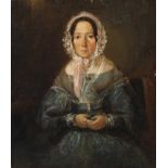 Damenportrait Biedermeier Dame mit blütengeschmückter Haube, in opulentem Gewand, teilweise