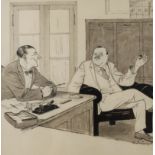 K. Dünzl, "Doppelter Strohwitwer" zwei elegant gekleidete Herren in einem Büro im Gespräch,