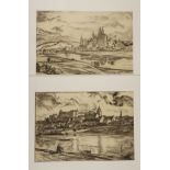 Carl Walther, Zwei Zeichnungen Blick über die Elbe auf Meißen mit Burg und Stadt am Fluss mit