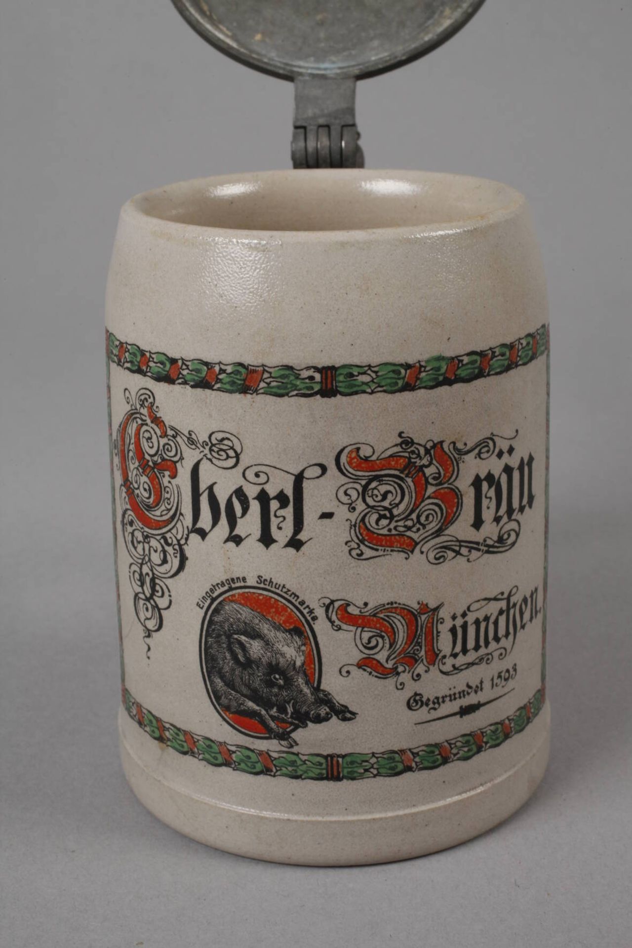 Bierkrug Eberl-Bräu München um 1900, ungemarkt, Zinndeckel innen gestempelt "Thannhäuser München", - Image 3 of 5