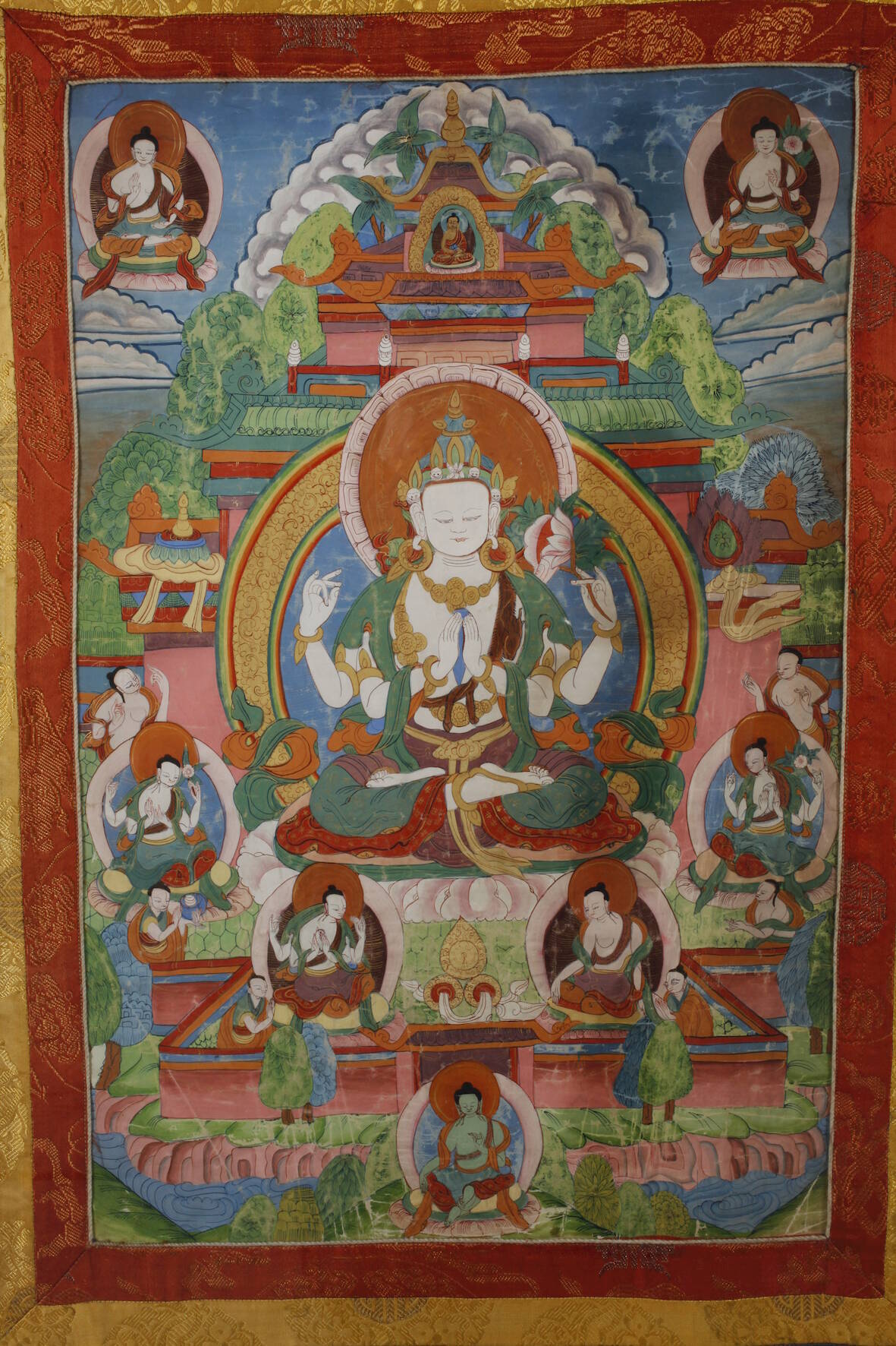 Thangka wohl Tibet, 19. Jh., Gouache auf Leinen, zentrale Darstellung Buddha Shakiamuni vor - Image 3 of 4