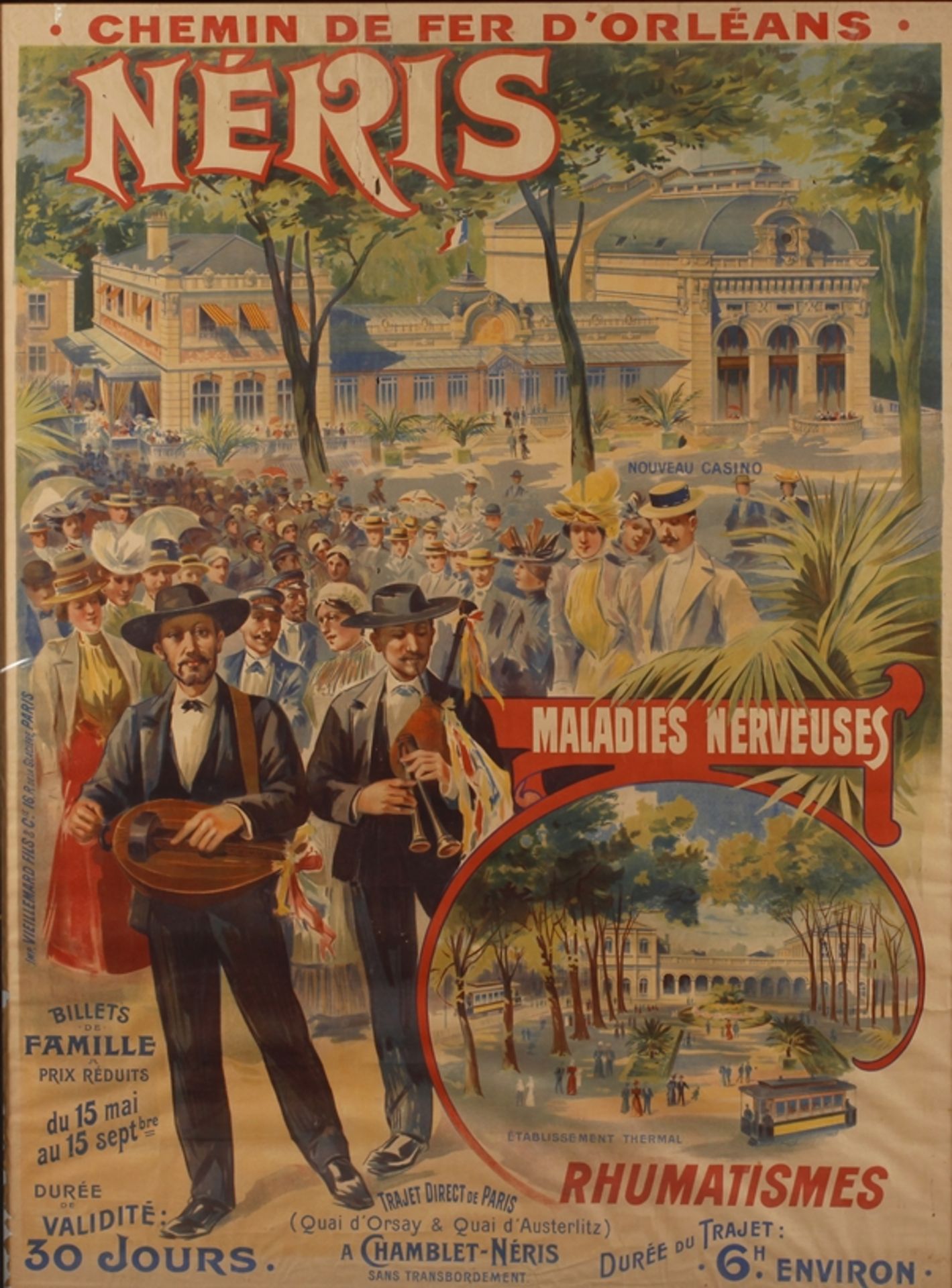 Werbeplakat der Orleans-Eisenbahn für Néris-les-Bains um 1900, großformatiges Werbeplakat der