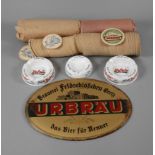 Konvolut Werbemittel Brauerei Greiz 1930er Jahre, ovales Kunststoffschild, Hersteller Imoglas-