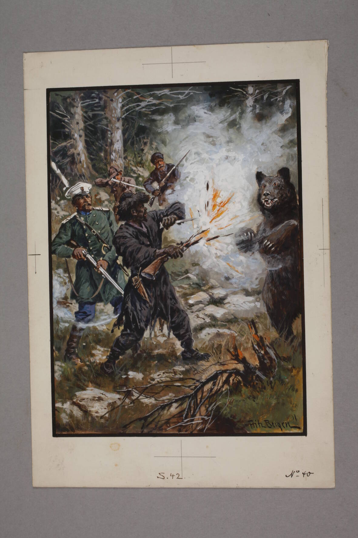 Fritz Bergen, Illustrationszeichnung Jäger im Kampf gegen einen Tiger um einen erlegten Widder in - Image 4 of 5
