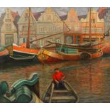 Walther Gasch, "Amsterdam Gracht" Fischer in leuchtend rotem Pullover, in einem Boot vor