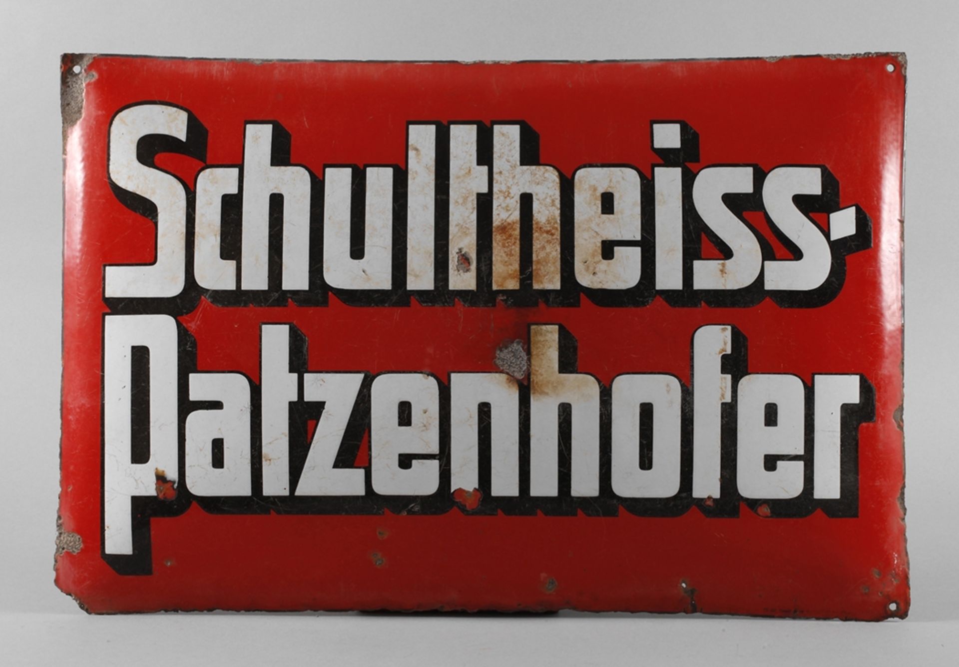 Emailschild Schultheiss-Patzenhofer 1930er Jahre, Herstellervermerk Emaillierwerk Gottfried