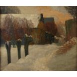 Rudolf Undeutsch, Winterabend tief verschneiter Blick auf ein Bauerngehöft, im Licht der