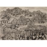 Anatolij Lvovic Kaplan, Markttag reges Treiben vor zahlreichen kleinen Dorfhütten, Lithographie,