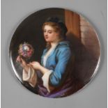 Kleine Bildplatte mit Damenportrait 19. Jh., Prägebuchstabe G und Nummer 2, runde gewölbte Form