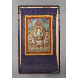 Thangka wohl Tibet, 19. Jh., Gouache auf Leinen, zentrale Darstellung Buddha Shakiamuni vor