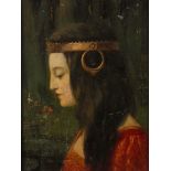 Jugendstilportrait Bildnis einer jungen Frau im Profil, mit Kopfschmuck und nach unten gerichtetem