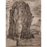 Prof. Ernst Fuchs, "Venusberg" in transparenten Stoff verhüllte Frauengestalt, vor Buschwerk mit