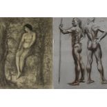 Walther Gasch, Paar Aktzeichnungen Damenakt im Wald, auf einem Stein sitzend und stehender Männerakt