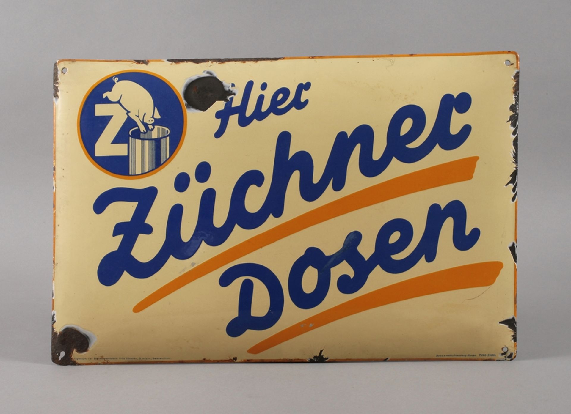 Emailschild Züchner um 1930, Hersteller Boos & Hahn Ortenberg-Baden, bezeichnet Pyro-Email,