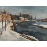 Winter in Nancy verschneite Flussbiegung der Meurthe mit einigen Häusern, leicht pastose