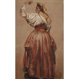 Spanische Tänzerin junge Frau in Tracht mit Kastagnetten in ihrer erhobenen Hand, Aquarell, um 1900,