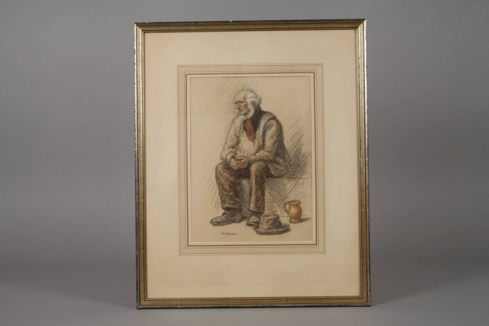 W. Hunt, Sinnender Raucher Bildnis eines sitzenden älteren Mannes mit Pfeife, Kohle partiell - Bild 2 aus 3
