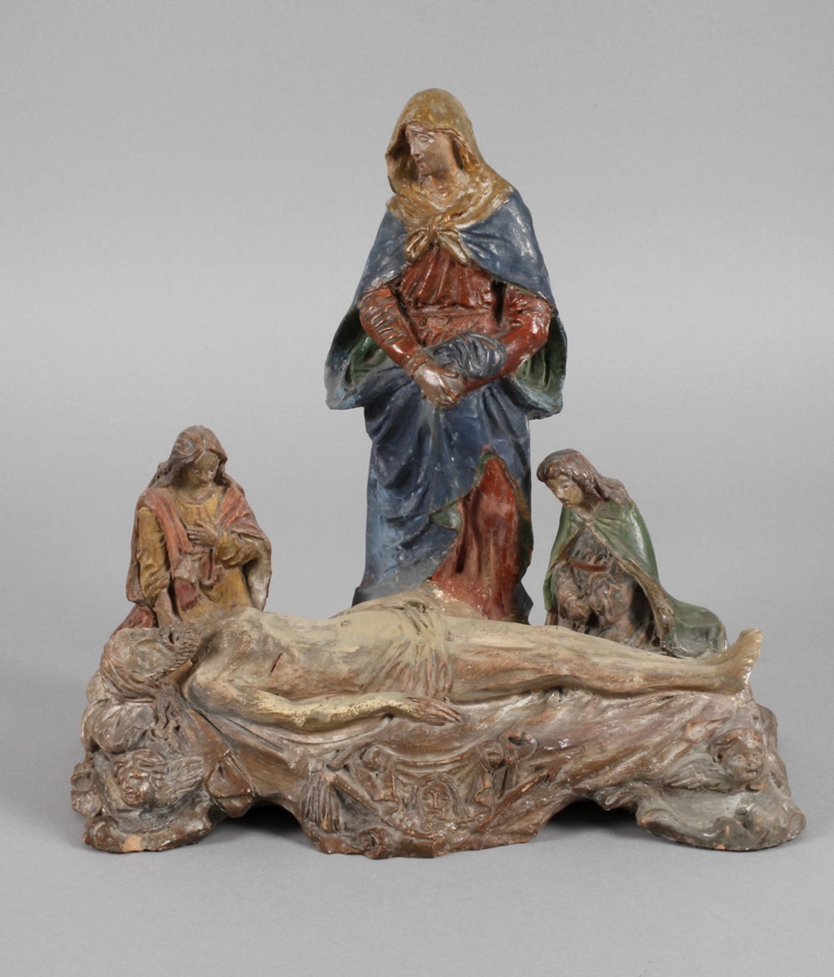 Pieta 20. Jh., ungemarkt, Terrakotta farbig gefasst, vollplastische Darstellung der Beweinung