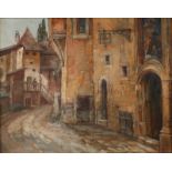 Ernst Loesch, Mittelalterliche Stadtpartie sich durch Häuser schlängelnde Gasse, mit stattlichem