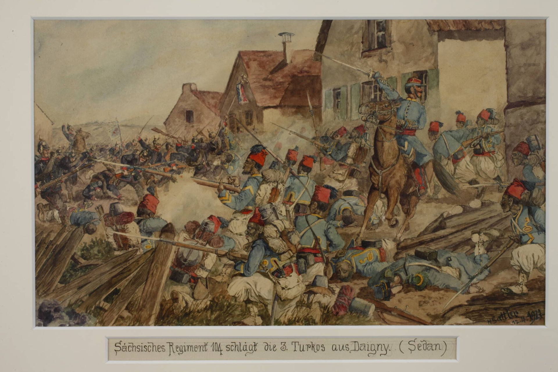 Hermann Sattler, Paar Schlachtenszenen jeweils betitelt „Sächsisches Regiment 104 schlägt die 3. - Image 5 of 6