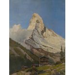 Julius Gold, Blick zum Matterhorn sommerliche Hochgebirgslandschaft der Walliser Alpen, vor blauem