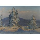 Richard Sachs, Fichten in Winterlandschaft Blick vorbei an schneebedeckten Fichten, in weite