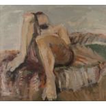 Lothar Gemmel, Liegender Akt auf einem Bett ruhende nackte Frau, kraftvolle Malerei mit breitem