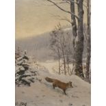 Christian Haug, Fuchs im Schnee den verschneiten Winterwald durchstreifender Fuchs, leicht pastose
