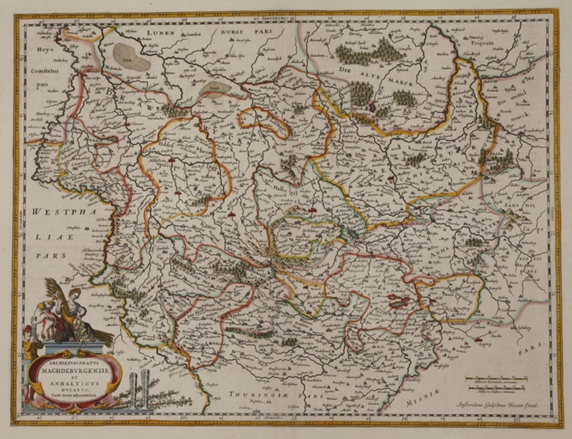 Willem Blaeu, Karte Umgebung von Magdeburg links unten figürliche Kartusche und hierin bezeichnet „