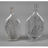 Paar Schnapsflaschen als Hochzeitsgeschenk datiert 1868, farbloses Glas, blasiger Abriss, flache