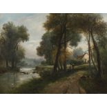 C. Dulac, Wanderer am Flussufer sommerliche Landschaft mit Wanderern vorm Haus am Fluss, minimal