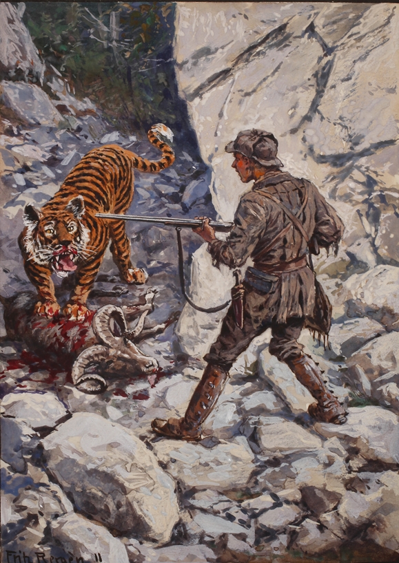 Fritz Bergen, Illustrationszeichnung Jäger im Kampf gegen einen Tiger um einen erlegten Widder in