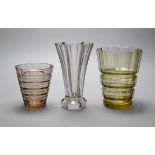 Drei Vasen um 1935, in der Art von Josef Riedel Polaun, alle aus massivem Glas, in Grünlich,