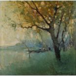 Paul Hagemans, "September am See" spätsommerliche Seeuferlandschaft mit Kahn, pastose,