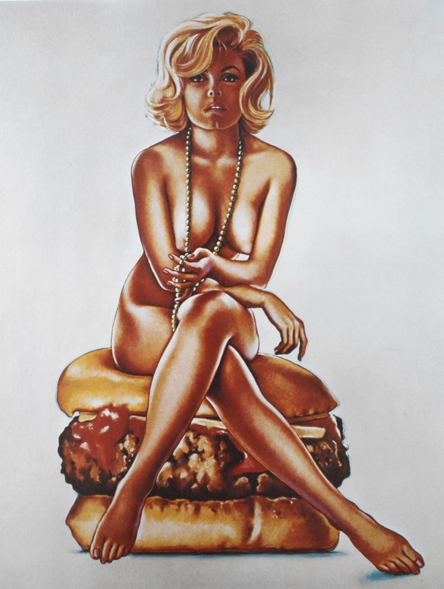 Mel Ramos, "Virnaburger" nackte, auf einem Cheeseburger sitzende junge Frau, an einer langen