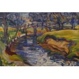 Expressionistische Flusslandschaft frühlingshafte Bachaue mit Brücke und Bäumen am Ufer, pastose