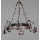 Deckenlampe deutsch, um 1900, in der Art von Hugo Berger Schmalkalden, Schmiedeeisen genietet, an