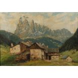 Josef Rolf Knobloch, "Bauernhof mit Langkofelgruppe" sommerliche alpine Dorfidylle mit Mühle, vor