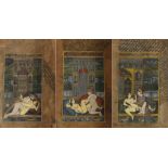 Drei erotische Miniaturen indopersisch, 19./20. Jh., Gouache auf Papier, handschriftlich bezeichnete