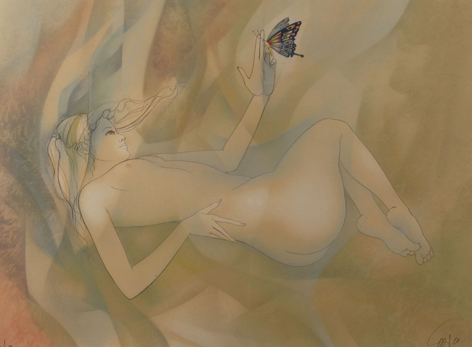 Joan Baptiste Valadié, "Butterfly" Bildnis eines liegenden Mädchenaktes mit Schmetterling, erotische