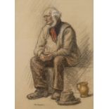 W. Hunt, Sinnender Raucher Bildnis eines sitzenden älteren Mannes mit Pfeife, Kohle partiell