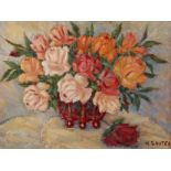 Hermann Sauter, Rosenstillleben auf einem Tisch stehende Schale mit in verschiedenen Farben