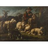 Philipp Peter Roos, attr., Hirte mit Vieh älterer Hirte, umgeben von Schafen und Ziegen, neben einem