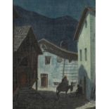 Rudolf Krapf, "Ruhe auf der Flucht" nächtlicher Blick in ein alpenländisches Dorf, mit Darstellung