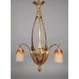 Deckenlampe Schneider Frankreich, Anfang 20. Jh., vergoldetes Bronzegehäuse, durchbrochen gearbeitet