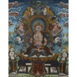 Tangka 20. Jh., Gouache auf Leinen, Darstellung eines Amitabha Buddha im Meditationssitz vor