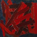 Attersee, abstrakte Komposition rote Farbstreifen vor dunkelblauem Grund, expressive pastose